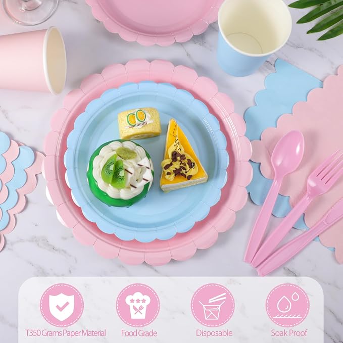 350 Pcs Baby Gender Reveal Plates and Napkins, 50 Guest Boy or Girl Gender Reveal Party Supplies Include Light Pink and Light Blue Plates Napkin Cup Plastic Spoon Fork Knive for Baby Shower