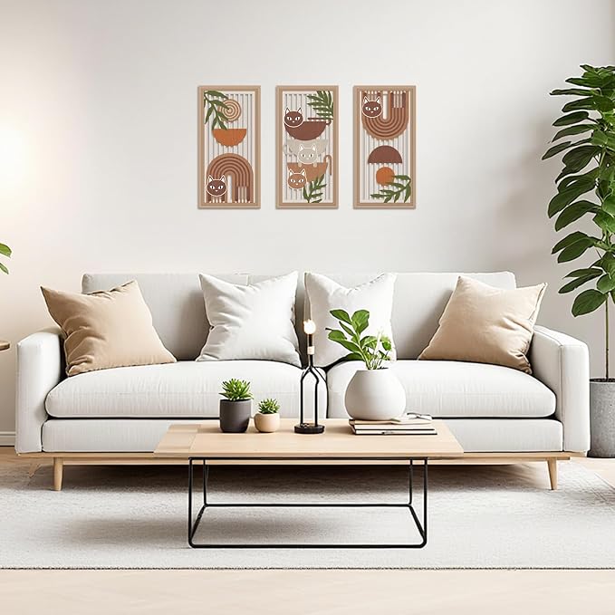 IARTTOP 3 Pcs Boho Cat Wood Wall Decor Mid Century Abstract Artwork Modern Minimalist Wooden Wall Art Bohemian Geometric Hanging Decor for Farmhouse Living Room Bedroom 7.9 x15.8 Inch Cat Gifts
