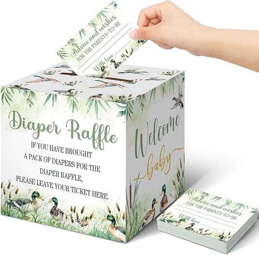 Teling 51 Pieces Diaper Raffle Tickets with Card Box Baby Shower Decorations Baby Shower Holder Box for Girl Boy Diaper Raffle Party(Mallard Duck)
