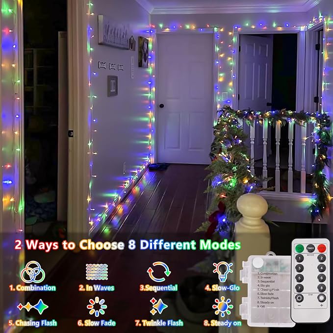 YEGUO Battery Operated String Lights, 2 Pack Each 33ft 100 LED Twinkle Fairy Lights Outdoor Waterproof, 8 Modes Clear Wire Multicolor Christmas Lights Indoor with Remote