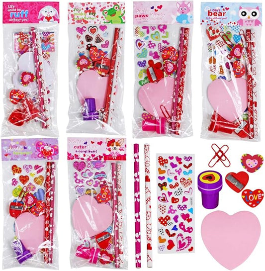 30 Sets Valentine's Day Stationery Toy Assortment Set Birthday Bags Goodie Bag Valentine Prizes Rewards Bulk Pack for Kids Girls Students Valentine's Day Party Favors School Classroom Exchange Gifts