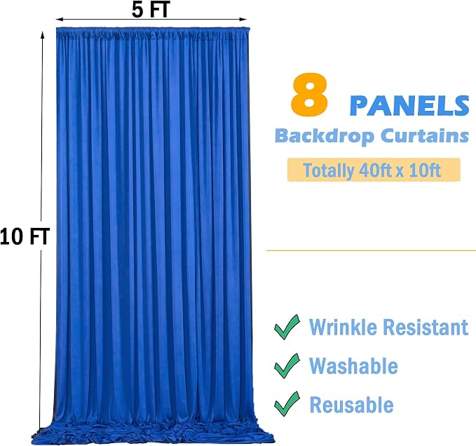 40ftx10ft Wrinkle Free Royal Blue Backdrop Curtains for Parties, Silky Polyester 8 Panels Photo Backdrop Drapes Back Drop Cloth for Wedding Birthday Photography Background