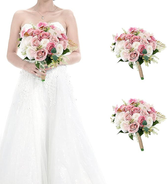 Set of 2 Bridesmaid Bouquets for Wedding - 7 Inch Artificial Ivory Flower Bouquet for Party Ceremony Anniversary Dinning Table Centerpieces Decor - Dusty Pink & White