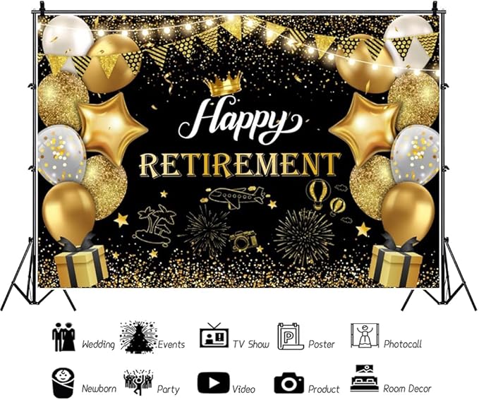 10x6.5ft Happy Retirement Photography Backdrop Black and Gold Retirement Party Decorations Backdrop Background Balloons White Lights Glitter Celebrate Retirement Party Supplies Studio Props