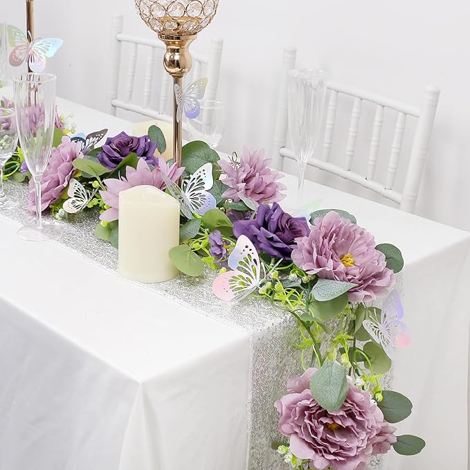 12FT Artificial Eucalyptus Flower Garland with Butterflies - Pack of 2 Fake Rose Garland Faux Greenery Eucalyptus Garlands for Wedding Table Backdrop Centerpieces Decorations - Light Purple & Purple