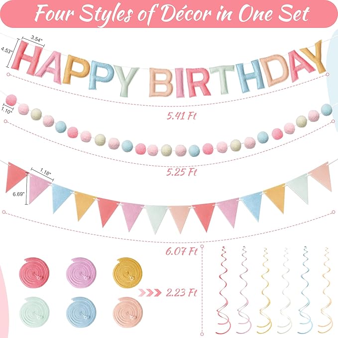 Kriyokiaa Pre-Strung Felt Happy Birthday Banner Retro Pastel Happy Birthday Party Decorations with Pom Pom Garland, Flag and Hanging Swrils for Women Girls Party Decor