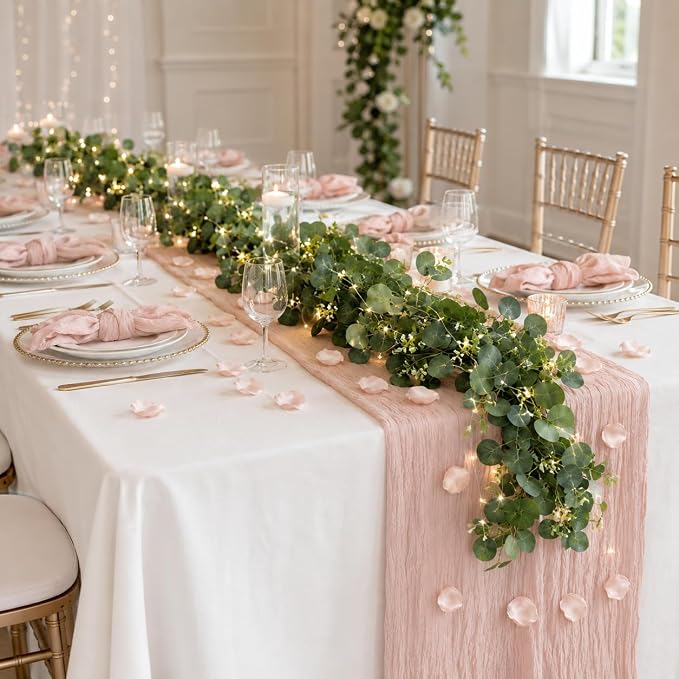 Cinrobiye 11PCS Boho Cheesecloth Table Runner Set 120'' Gauze Table Runner with Wrinkled Napkins Eucalyptus Garland and String Lights for Wedding Baby Shower Tea Party Table Decorations (Blush Pink)