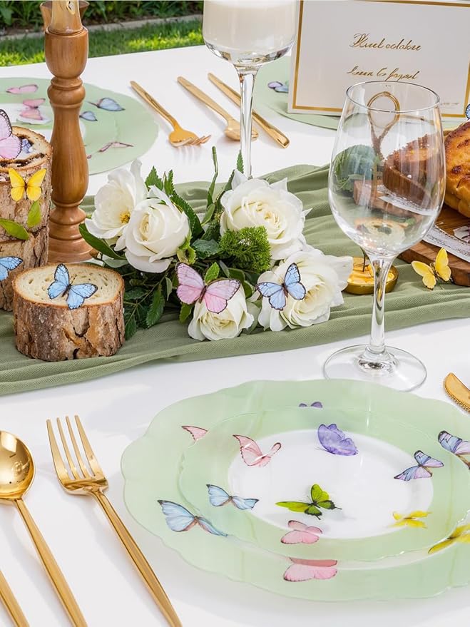 WDF 20PCS Green Butterfly Plates - Baroque Spring Plates Disposable - Butterfly Party Decorations for Birthdays/Tea Party/Bridal Shower/Mother's Day