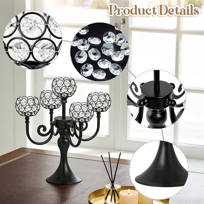 5 Arm Metal Crystal Candelabra Centerpiece - 13.4 Inch Elegant Candle Holder with Crystal Beads for Wedding Party Christmas Home Dining Table Decoration (4, Black)