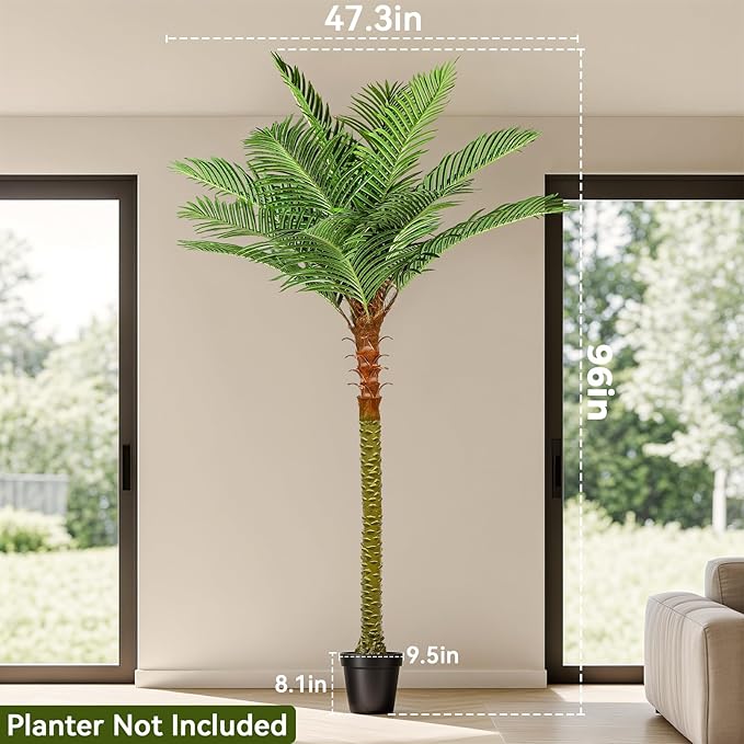 Jocoevol Fake Palm Tree, 8ft Artificial Phoenix Palm Tree Tall Tropical Tree with Adjustable Leaves & Planter, Outdoor Indoor Faux Trees for Living Room/Patio/Poolside/Yard Decor