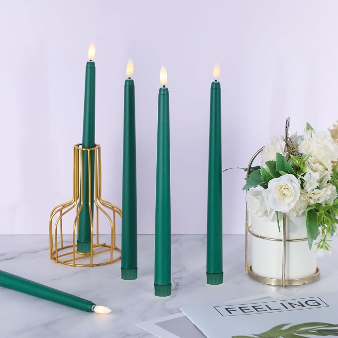 Macarrie 24 Packs Flameless Taper Candles Battery Operated Fake 11 Inch Long Candlelight LED Flameless Candlesticks Flickering Tapered for Summer Fall Wedding(Green)