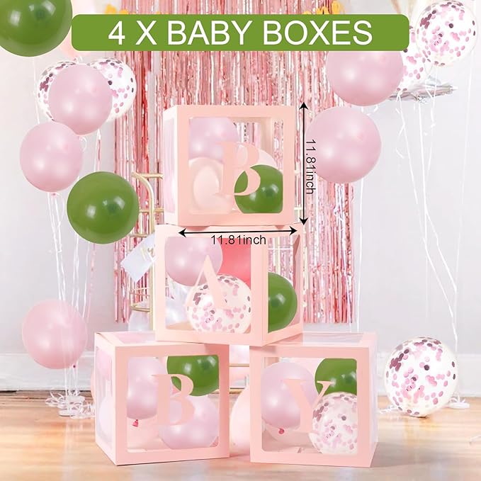 Baby in Bloom Baby Shower Decorations for Girl, Pink Sage Green Balloon Garland Arch Kit, Baby Boxes with Letters, Backdrop, Floral Baby Shower Decorations Birthday Party Decor