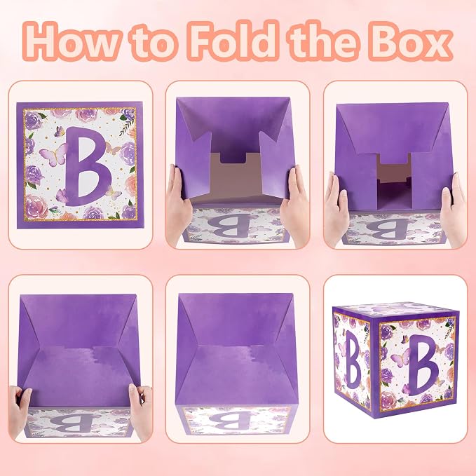 Voircoloria Baby Boxes with Letters and Butterfly Balloons for Gender Reveal Decoration (Purple)