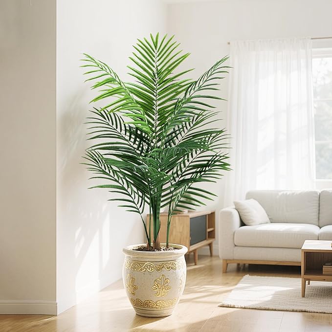 Artificial Palm Tree Indoor 4ft, Large Fake Tropical Areca Palm Tree with 13 Trunks, Tall Faux Floor Plants for Indoor Outdoor-Living Rooms, Offices, Bedroom Home Decor