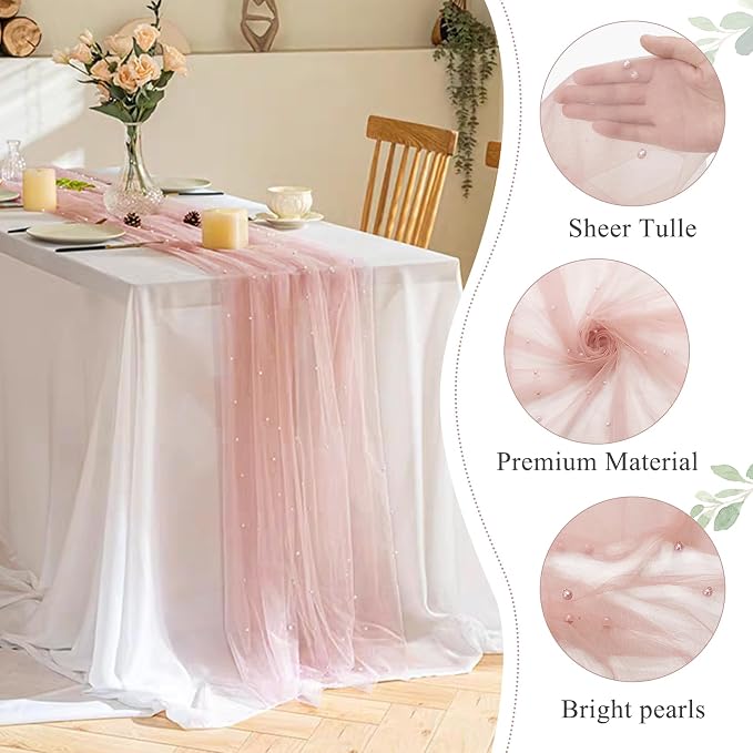 Pearl Table Runner 29 x 120 Inch Tulle Fabric Lace Table Runners for Bridal Shower Birthday Party Wedding Arch Dessert Table Decor(1 Pack, Dusty Pink)