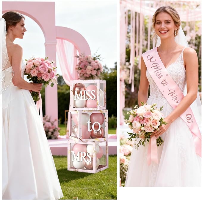 Cocomigo 330pcs Bride to Be Decorations, One-stop Set for 25 People, Includes 350gsm Plates Photo Props Cupcake Toppers Veil and Sash, Pink Bridal Shower Decorations for Female