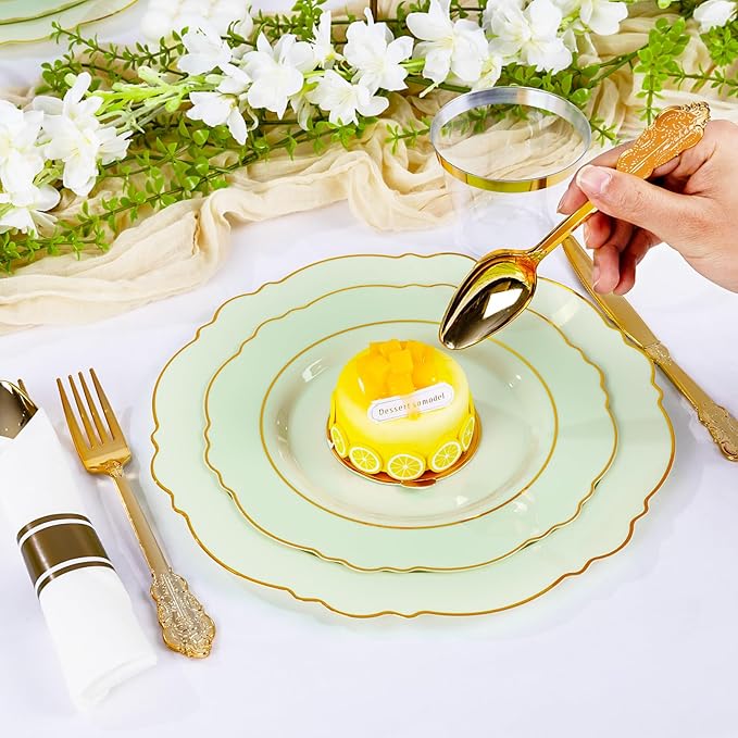 Liacere 175PCS Light Green Plates - Disposable Green and Gold - 25guest Baroque Dinnerware include 50Plates,25Pack Pre Rolled Napkins with Silverware 25Cups for Wedding ＆ Party & Spring