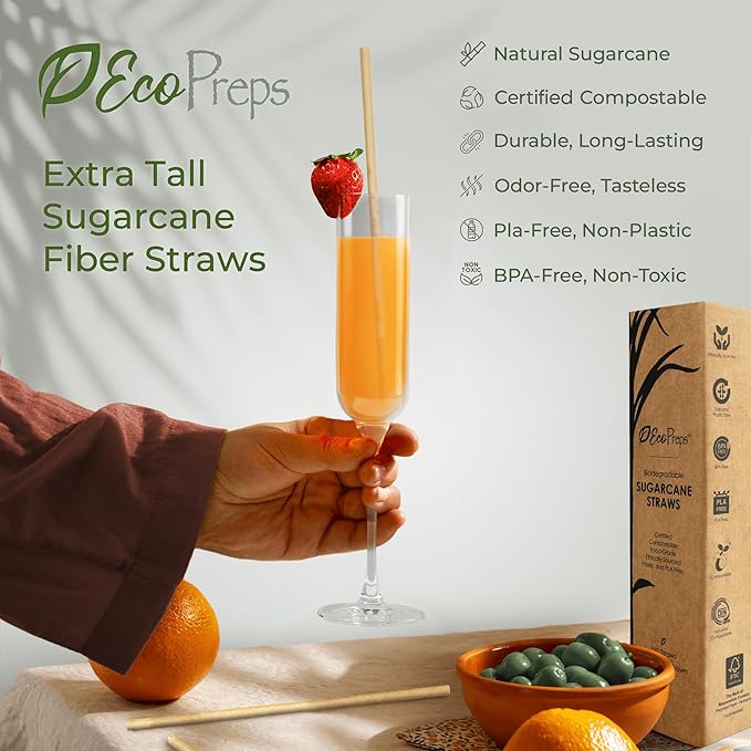 EcoPreps 10'' Biodegradable Sugarcane Straws, Extra-Long Straw | 100 Count, 100% Compostable, Plastic-Free, Eco-Friendly Drinking Straw | Sugar Fiber, Party Jumbo Disposable Straws, 10 Inches Tall