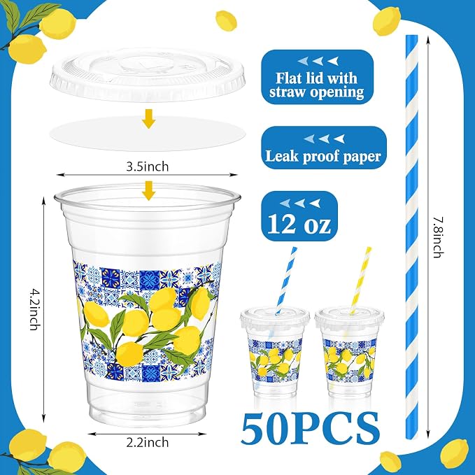 FoldTier 50 Pcs 12 oz Lemon Disposable Plastic Cups with Blue Tile Design, Lids, Straws and Leakproof Paper, Mediterranean Summer Party Supplies for Birthday Baby Shower Bridal Picnic Decorations