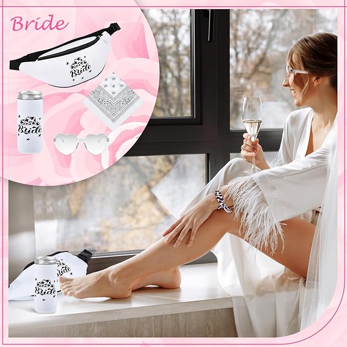 Tanlade 35 Pcs Cowgirl Bachelorette Party Supplies Includes 7 Pcs Bridesmaid Bride Fanny Pack 7 Pcs Can Sleeves 7 Sets Cowgirl Hair Ties 7 Pcs Bandanas 7 Pcs Heart Glasses for Wedding Bridal Shower