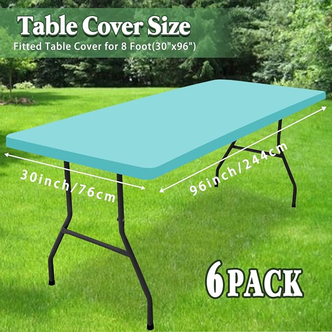 Picnic Table Cover 6 Pack Elastic Fitted Tablecloths for 8 Foot Rectangle Table Waterproof Stretch Washable Patio Folding Outdoor Spandex Tablecloth for Camping Banquet Parties (Aqua Blue,30" x 96")