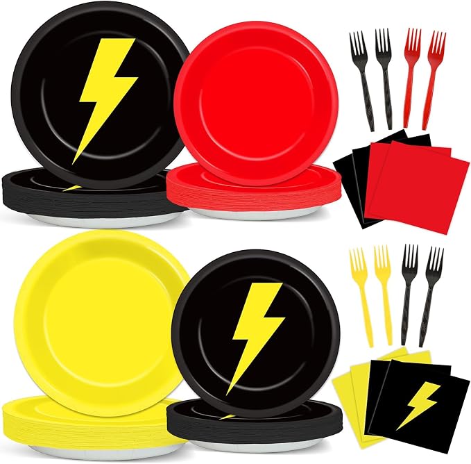 96PCS Red Black Yellow Birthday Party Decorations Cartoon Game Paper Plates Napkins Lightning Tableware Supplies Cartoon Animated Dinnerware for Birthday Table Party Favors