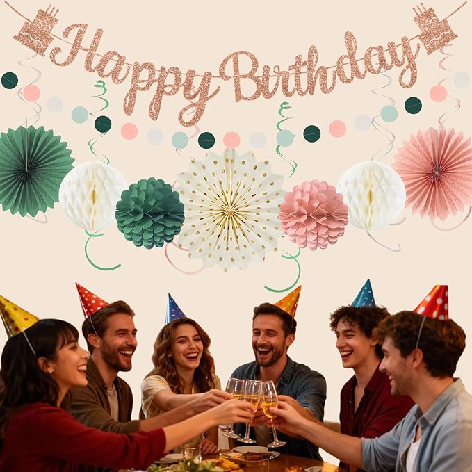 Pink Sage Green Birthday Party Decorations, Happy Birthday Banner with Honeycomb Balls, Paper Flowers, Fans, Lanterns, Circle Garland for Boys Girls, 1st Birthday, Garden Party Decor 19pcs