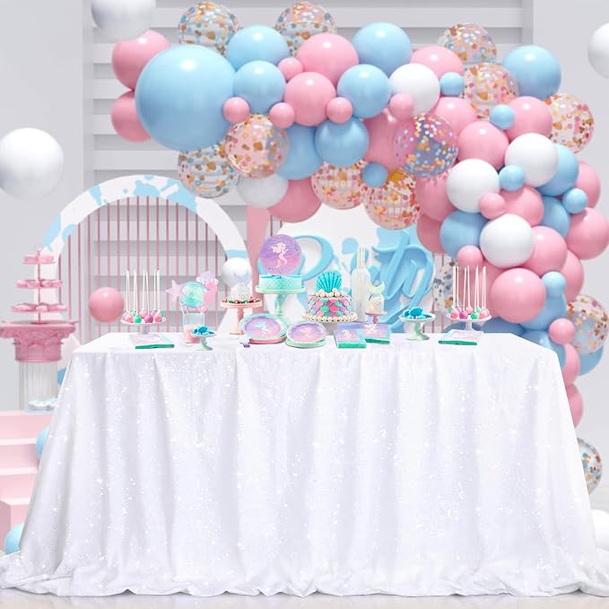 B-COOL White Sequin Tablecloth Fabric Overlay: 90x132 inch Sequined Tablecloths Shiny Tablecloth for Birthday Bridal Shower Indoor Outdoor Decoration