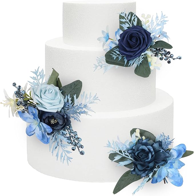 Rinlong 3Pcs Pre-made Cake Flowers Navy Blue Cake Decorations Wedding Cake Decorating Flowers Decor Birthday Baptism Party Artificial Flowers Cake Toppers