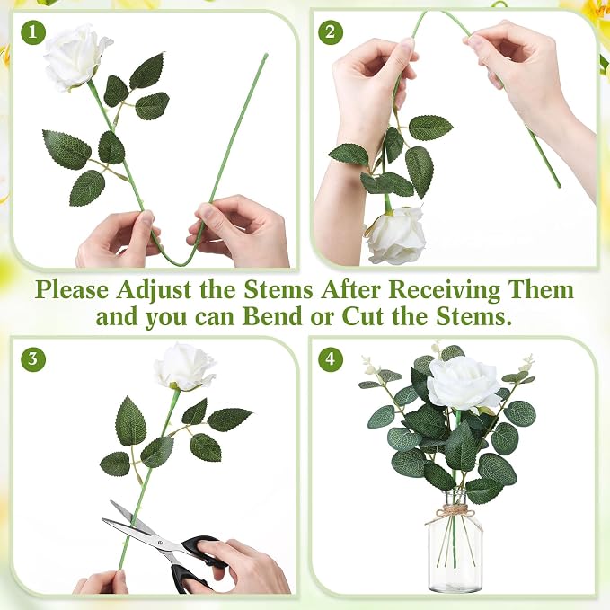10 Set Vases Glass Centerpiece for Table 10 Small Clear Glass Vases 10 Artificial Roses 30 Leaves with Rope Flower Centerpieces for Wedding Arrangement Party Home Decoration(White)