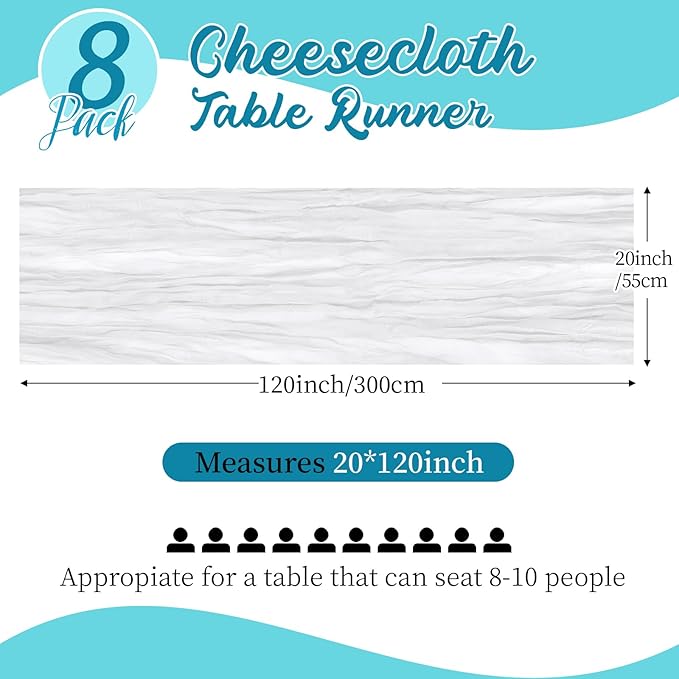 8 Pack White Cheesecloth Table Runners 20x120 Inch Gauze Table Runner Cheese Cloth 10FT White Table Runner Rustic Sheer Runner for Wedding Birthday Party Baby Shower Table Decor