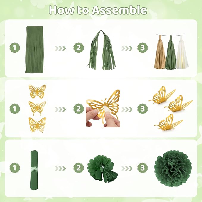 Sage Green Birthday Party Decorations for Women Girls, Green Olive Gold Sand White Confetti Foil Balloons Happy Birthday Banner Fringe Curtain Hanging Swirls Circle Dots Tassels Pompoms Party Supplies