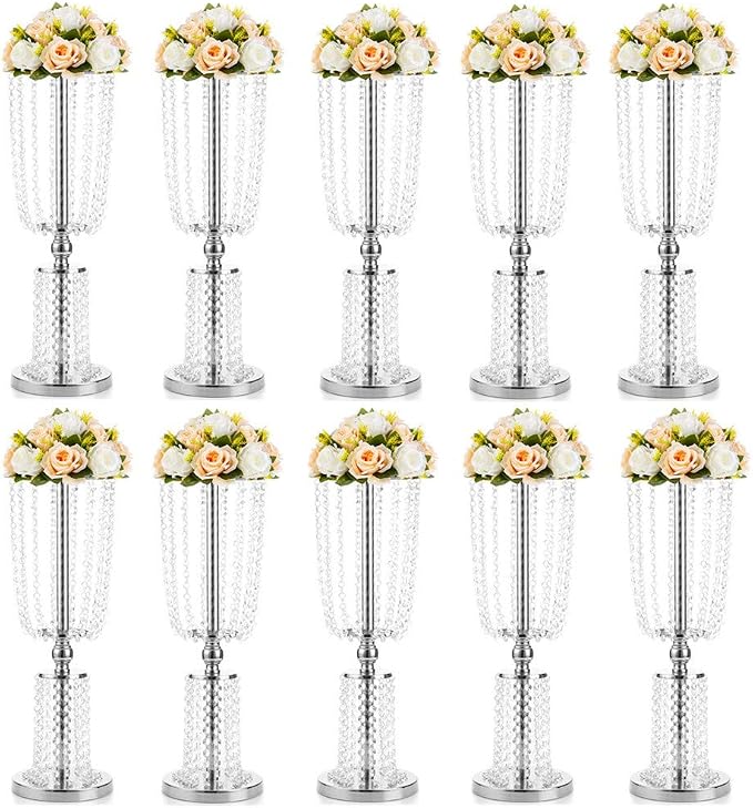 10 Pcs 23.75 inches Tall Crystal Metal Vase Flower Stand Holders Wedding Centerpiece Chandelier for Reception Tables Wedding Supplies