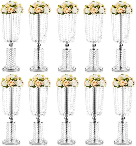 10 Pcs 23.75 inches Tall Crystal Metal Vase Flower Stand Holders Wedding Centerpiece Chandelier for Reception Tables Wedding Supplies