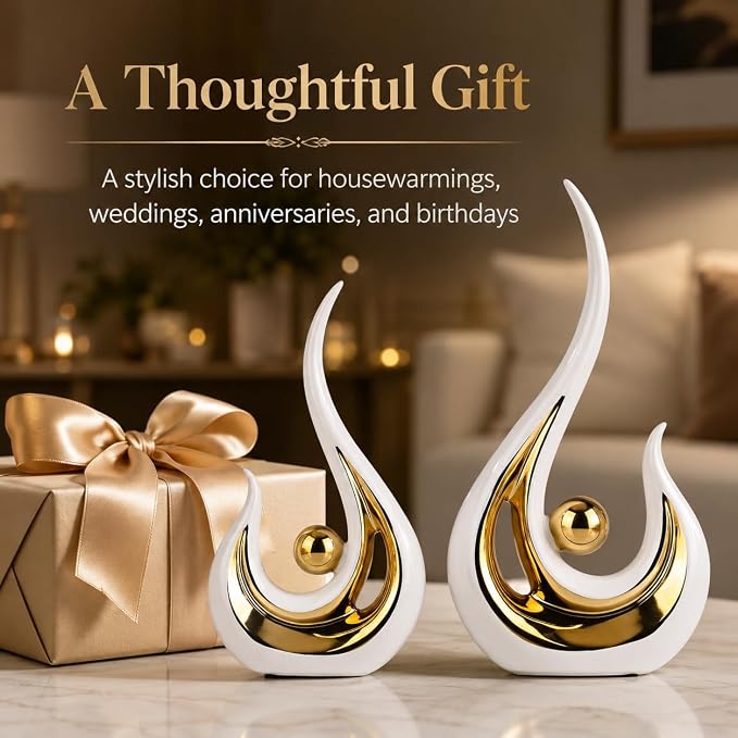 XMGZQ 2pcs White and Gold Modern Abstract Art Statue Table Decoration,Elegantes Ceramic Statue for Home Décor Accent,Mantel,Bookshelf,Centerpiece Table Decorations for Dining Room,adornos para sala