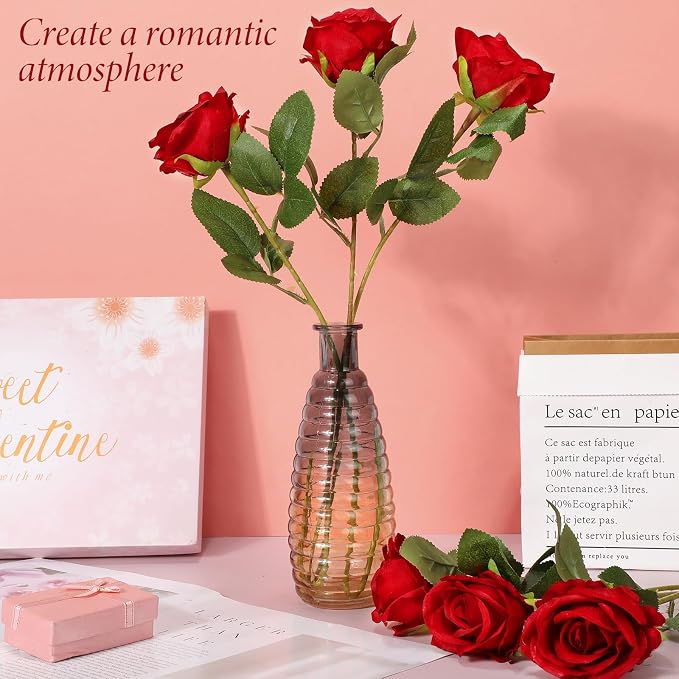 Hotop 20 Pcs Artificial Rose Flowers with Long Stem, Real Lifelike Silk Realistic Plastic Bouquet Roses Bulk for Home Decor Bridal Wedding Party Table Centerpieces Decorations(Red)