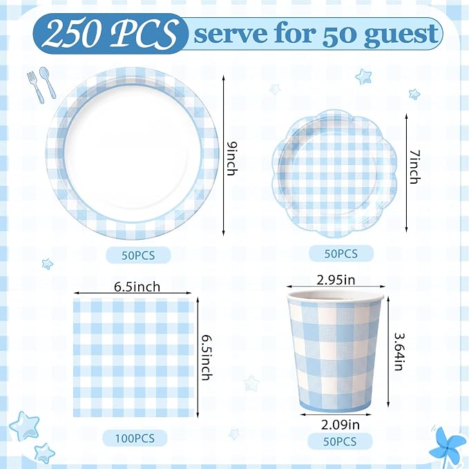 Funnymoom 250 Pcs Blue Gingham Paper Plates and Napkins Party Supplies Blue White Checkered Disposable Plaid Tableware Set Scalloped Dessert Plates for Wedding Bridal Shower Picnic Party Decorations