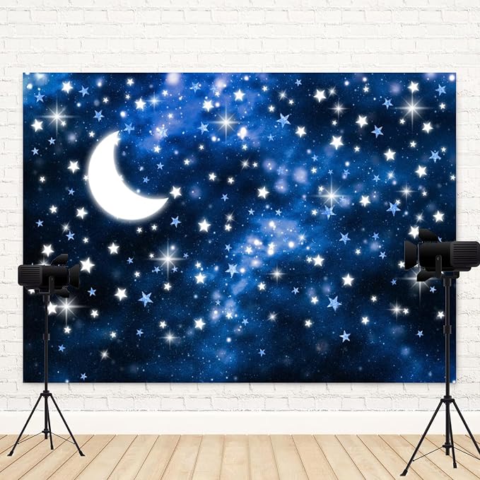 10x6.5ft Starry Night Backdrop Galaxy Night Sky Photography Background Moon Starlight Twinkle Twinkle Little Star Baby Shower Birthday Decorations Newborn Baby Portrait Photo Booth Prop