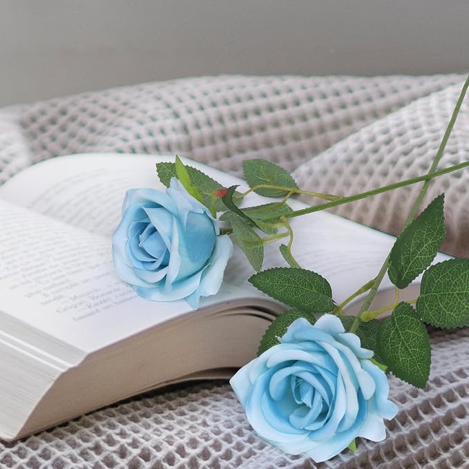 90pcs Fake Sky Blue Roses Artificial Flowers Bulk Realistic Silk Faux Rose with Stems for Wedding Decoration Anniversary Bridal Bouquet DIY Floral Arrangement Romantic Home Decor Gifts