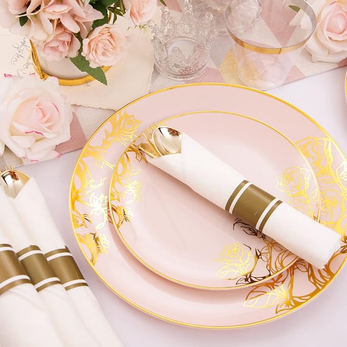 DaYammi 210Pcs Pink Gold Plastic Plates Floral Plates,Pink Disposable Dinnerware Set Includes 60 pink Plate,30 gold Plastic Silverware,30 Per Rolled Napkins,30 Cups,Party plates for Mother's Day Party