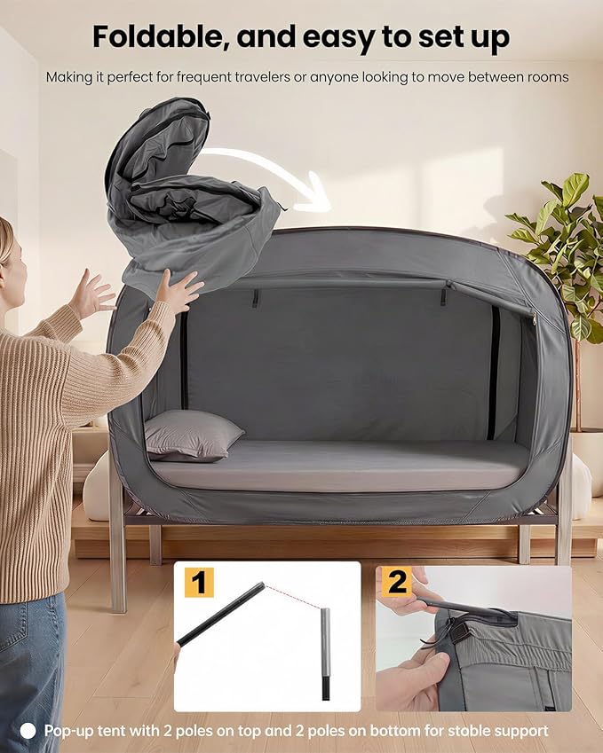 ANC POP Bed Tent Twin Bed Canopy Portable Dream Tent for Adult Indoor Sleeping Tents with 2 Doors Breathable Private Space Tents, Grey