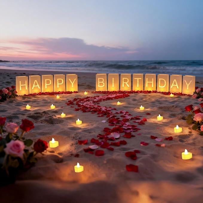 Happy Birthday Decorations for Women Men, Light Up Letters Luminary Bags with 30PC Bright LED Candles and 2000PC Fake Rose Petals, Surprise Birthday Party Banner Signs