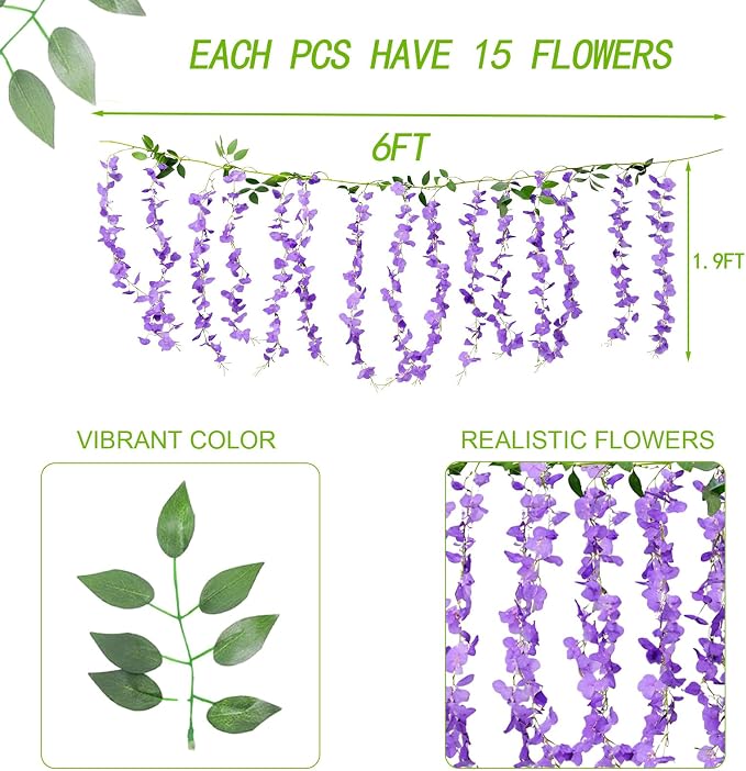 BSMYBO 30 Branches Wisteria Hanging Flowers Purple Artificial Wisteria Hanging Flowers Garlands Vine for Wedding Arch Party Ceremony Home Garden Backdrop Wall Decoration (2 Pack)