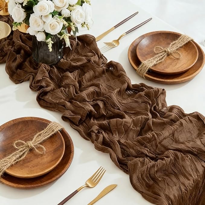 10 Pack Brown Cheesecloth Table Runner 10FT Boho Gauze Fabric Cheese Cloth Table Runners for Wedding ,Party,Baby Shower, Bridal Party, Rustic Farmhouse and Table Decorations