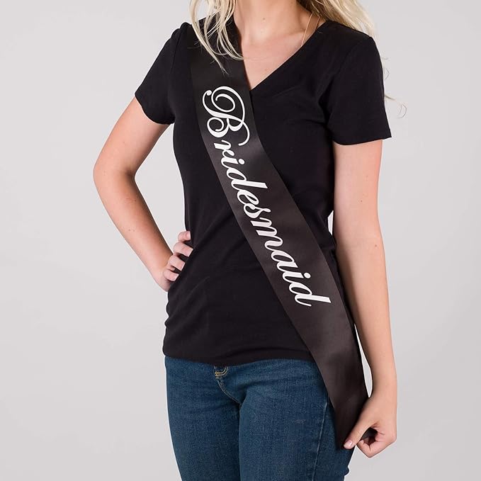 Ella Celebration Bridesmaid Double Layer Sash Set, Black Satin Bridal Shower Bachelorette Party Accessories Sashes (Bridesmaid, Set of 5)