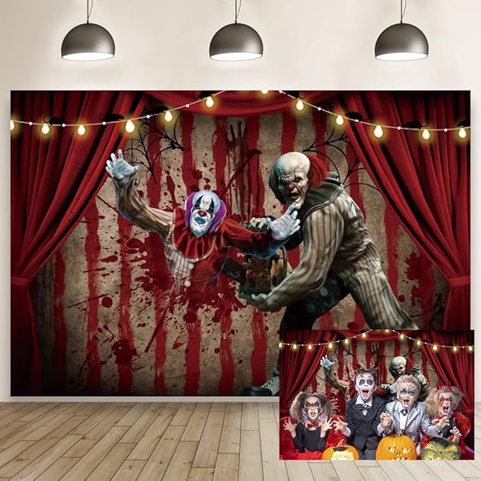 OERJU 7x5ft Halloween Evil Clown Backdrop Horror Scary Bloody Circus Carnival Photography Background Hallowmas Trick or Treat Birthday Party Banner Decoration Photo Booth Props