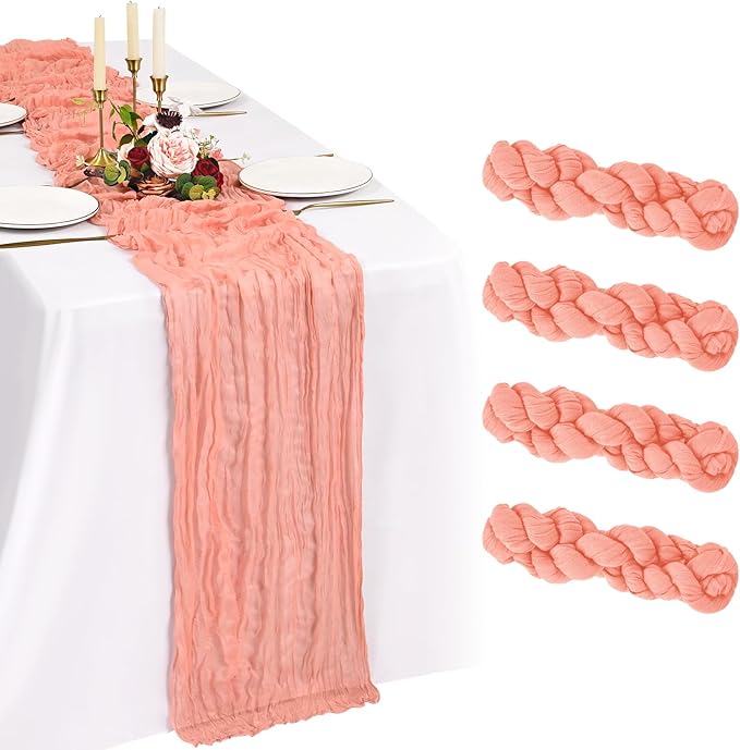 4 Pack Cheesecloth Table Runner 10FT Coral Table Runner Boho Gauze Cheese Cloth Table Runners Long Rustic Sheer Table Decorations for Wedding Party Baby Bridal Shower Birthday Holiday Home
