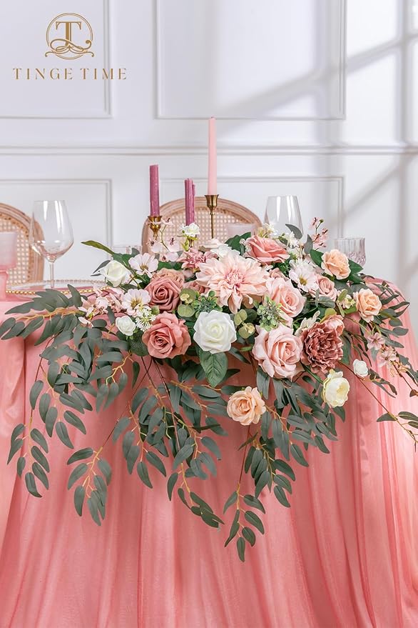 TINGE TIME Artificial Sweetheart Flower Swag with Tablecloth and Table Runner, Pack of 3 Floral Arrangement for Wedding Sweetheart Table Centerpiece Decoration Valentine's Day (DustyRose&Cream)