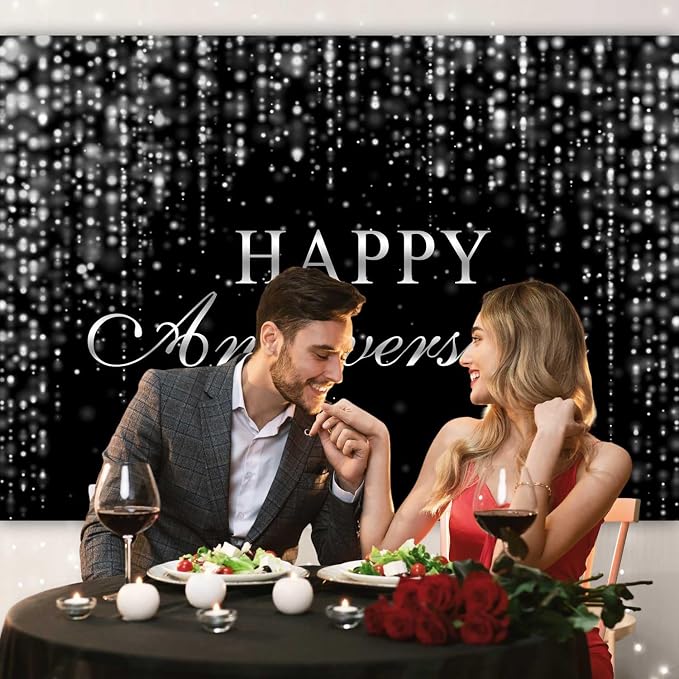 Sensfun Happy Anniversary Backdrop Black Silver Glitter Marriage Wedding Party Decorations Banner Shining Flowing Curtain We Still Do Anniversary Sign Photography Background Photo Booth Props 7x5ft