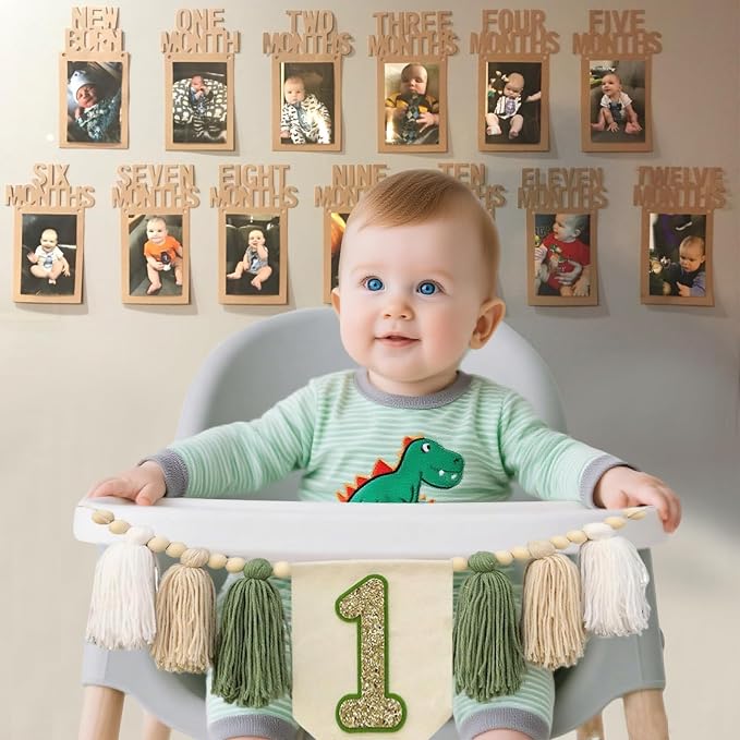 1st Birthday Highchair Banner Decorations Wild One High Chair Banner With Green Tassel Garland Crown Hat Wild One Cake Topper Baby Photo Banner Photoshoot Props Photo Props(Green)